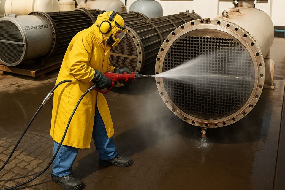 Industrial scene with large yellow cylinders and silver pipes emitting steam.