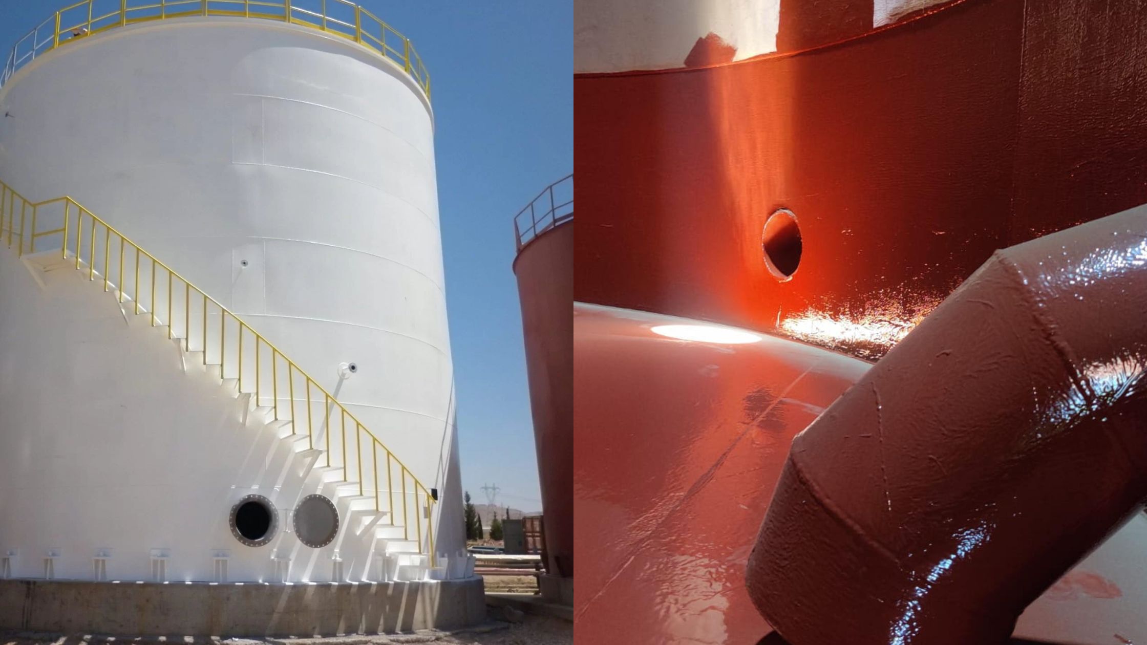 White epoxy-coated chemical storage tank with red acid-resistant interior lining