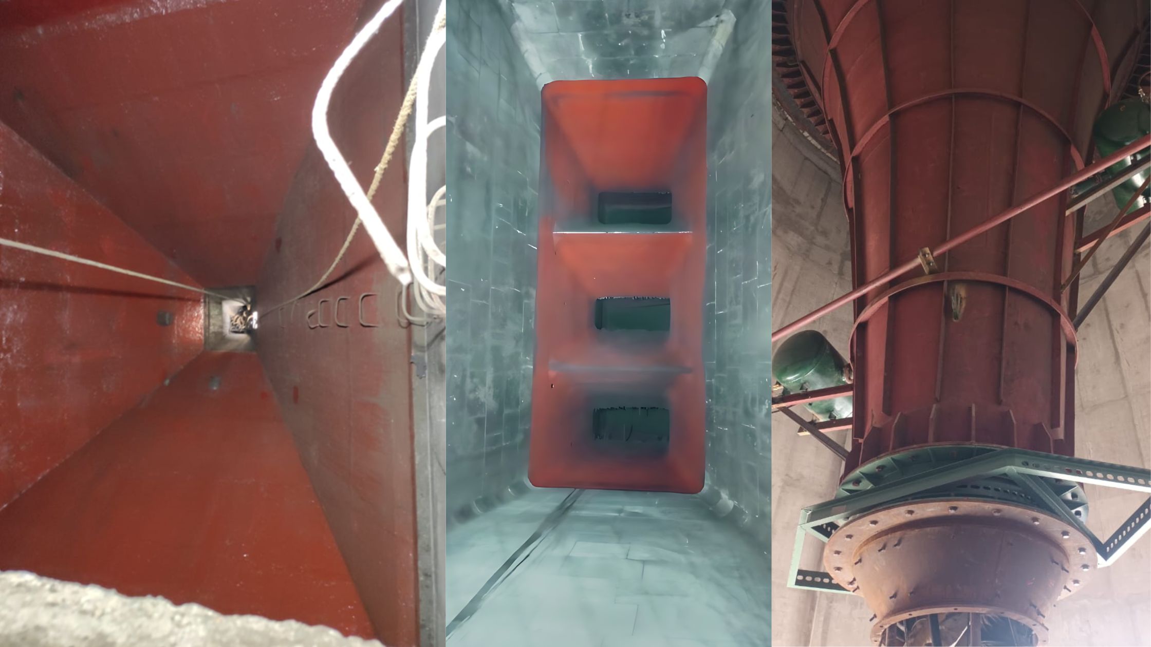 Epoxy-coated coal bunker interior with protective lining on silo walls and hopper