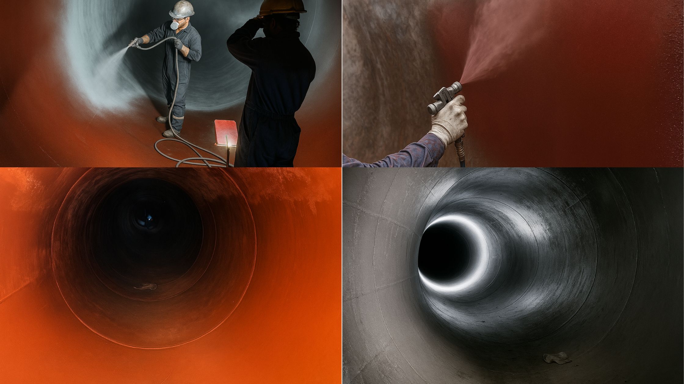 Workers performing abrasive blasting inside corroded industrial pipeline for protective coating application