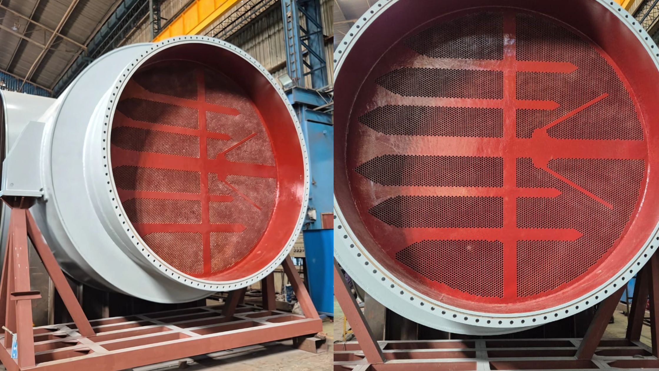 Red epoxy-lined condenser water box with coated tube sheet in power plant facility