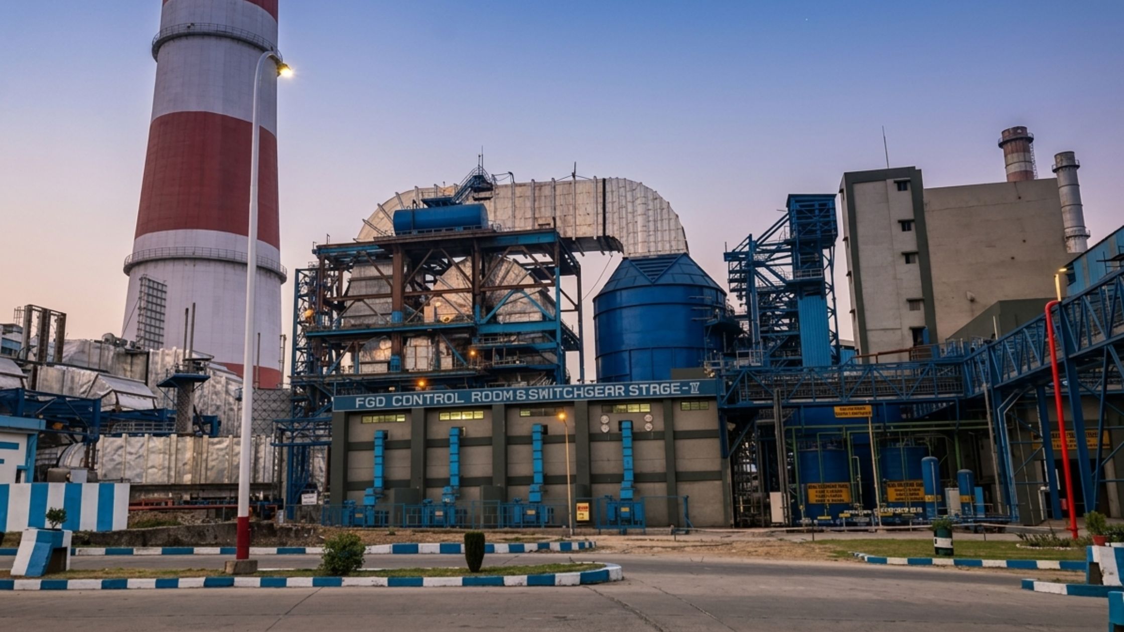 FGD absorber towers and ducting at thermal power plant with control room at dusk 