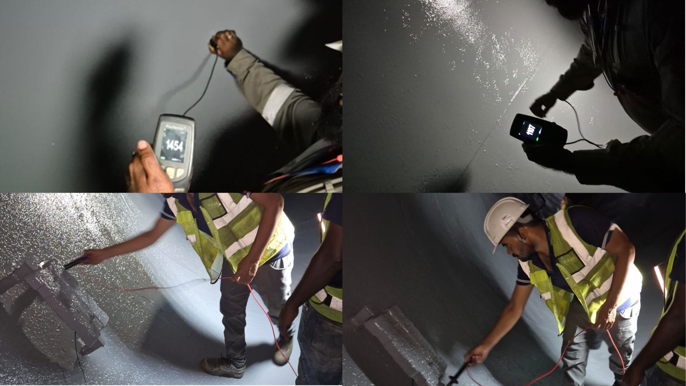 Technicians using dry film thickness gauge to inspect protective coating quality inside steel pipeline