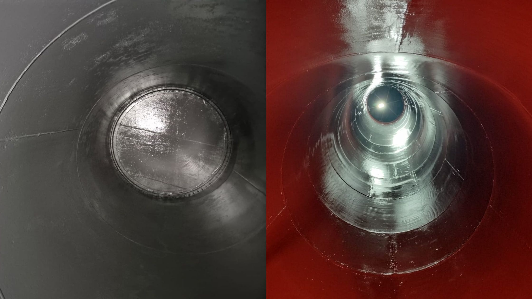 Before and after comparison of pipeline interior showing corroded surface versus Duromar epoxy coating applied