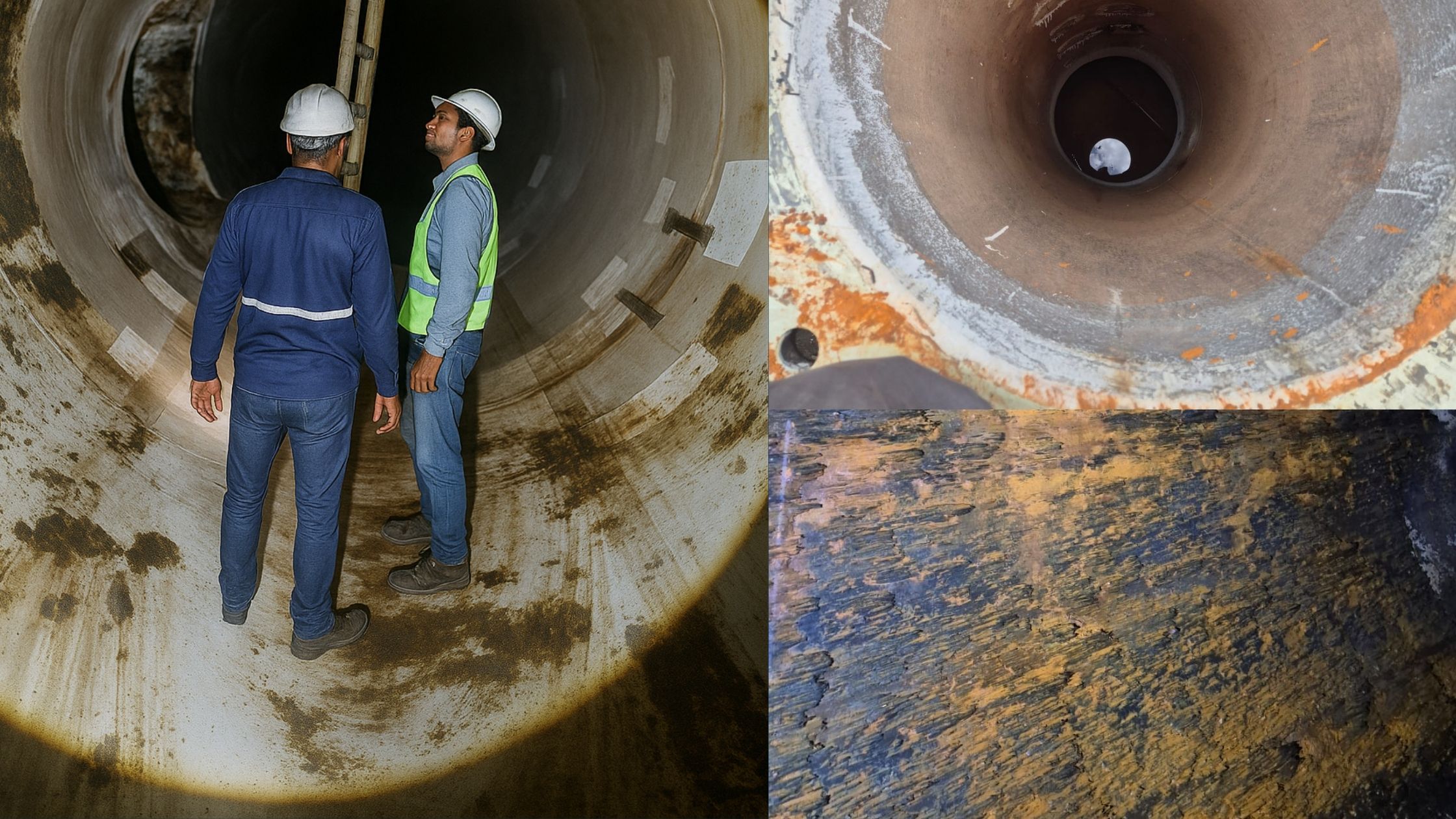 Arudra Engineers inspecting severely corroded seawater intake pipeline interior showing rust and coating failure damage