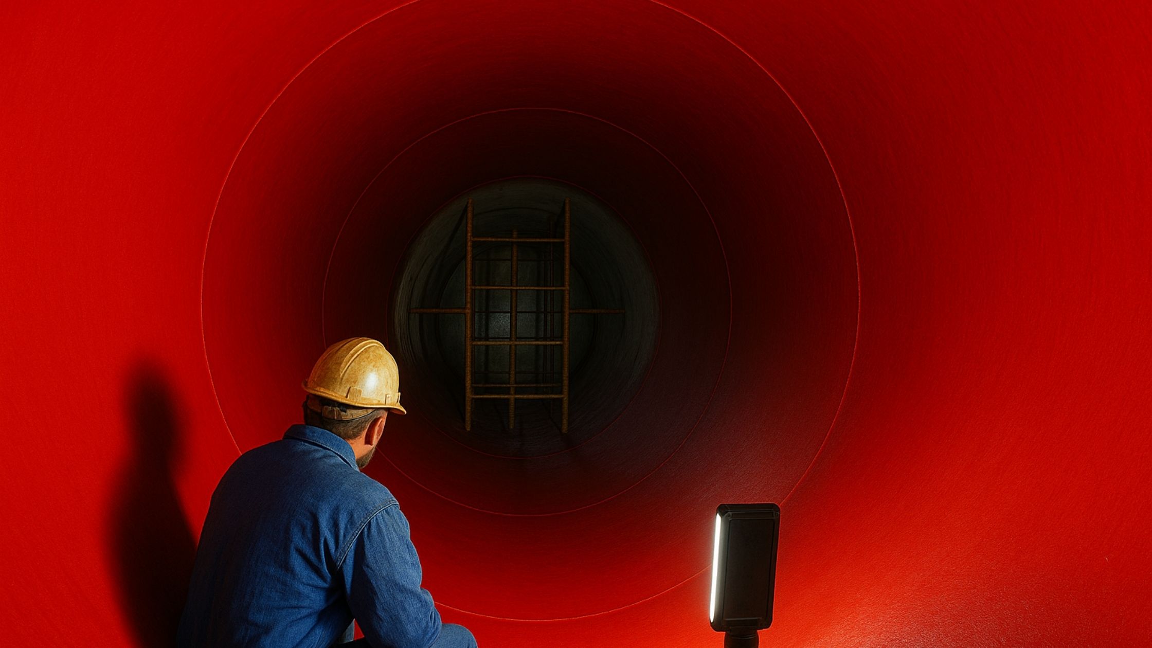 Worker inspecting freshly coated red epoxy pipeline interior at coal-fired power plant refurbishment project