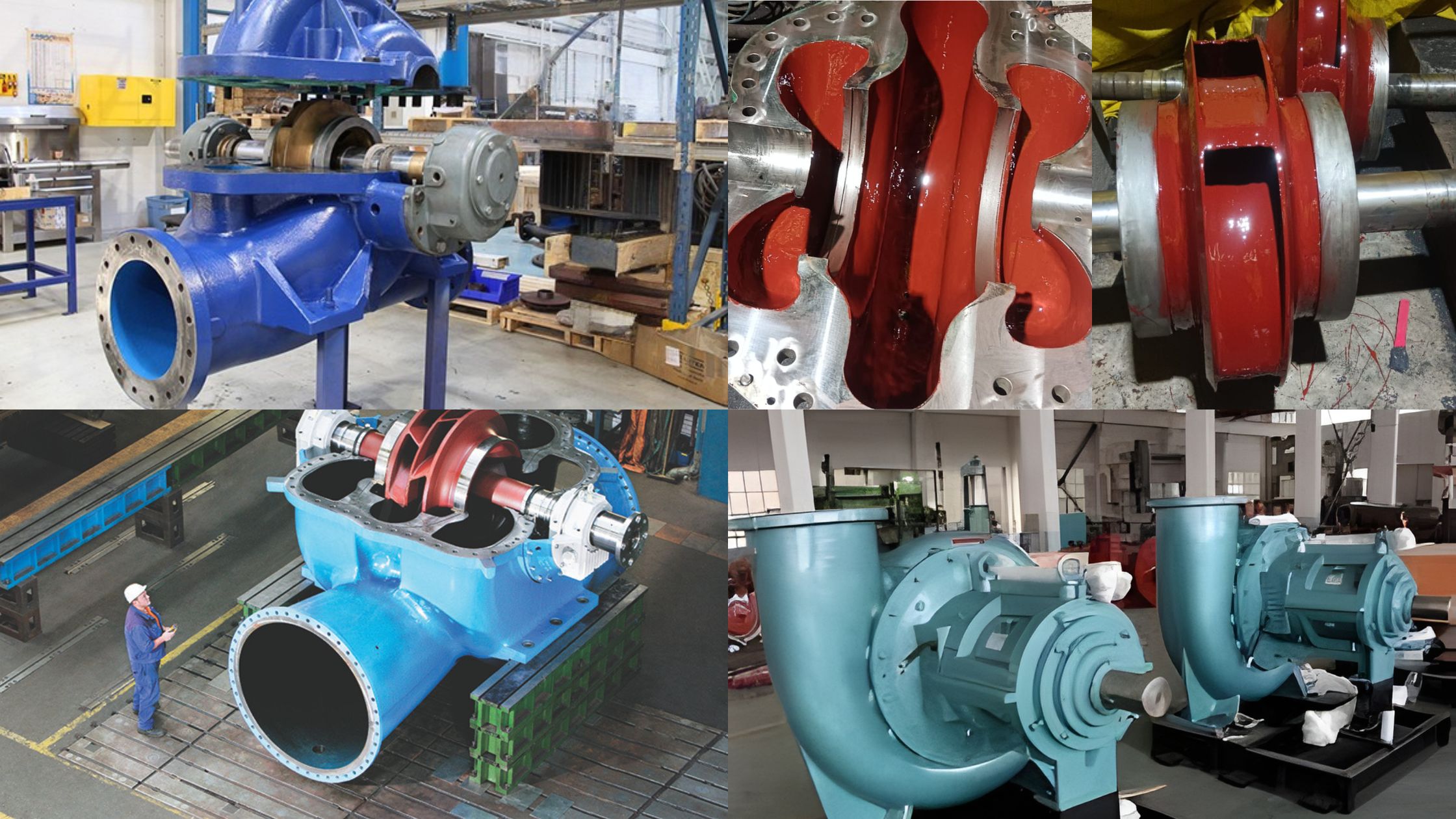 Epoxy-coated pump impellers and centrifugal pump wet-end components in workshop