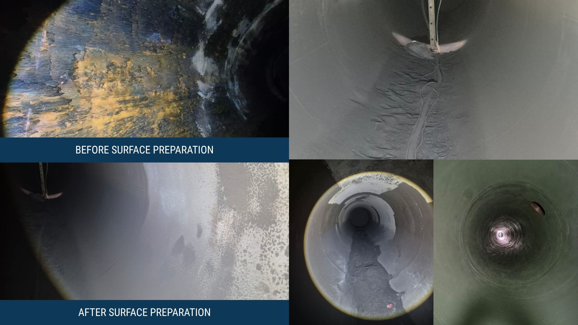 Before and after surface preparation of corroded pipeline interior using abrasive blasting to bare metal standard