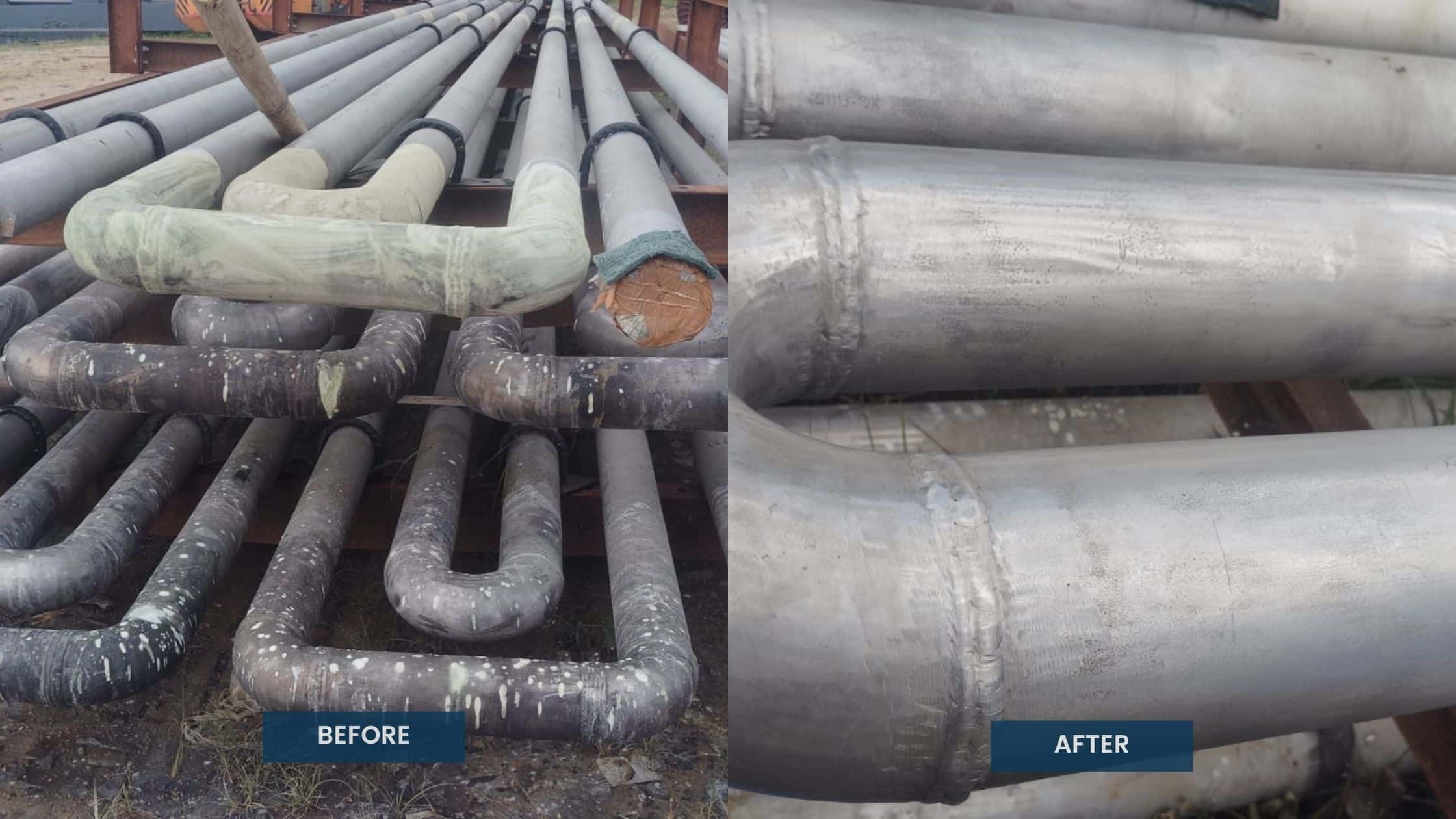 Corroded boiler pipelines before and after chemical cleaning restoration.