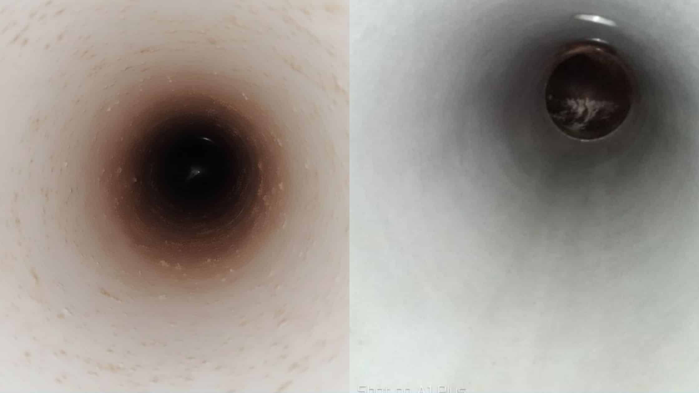 Before and after view of boiler pipeline interior after chemical cleaning