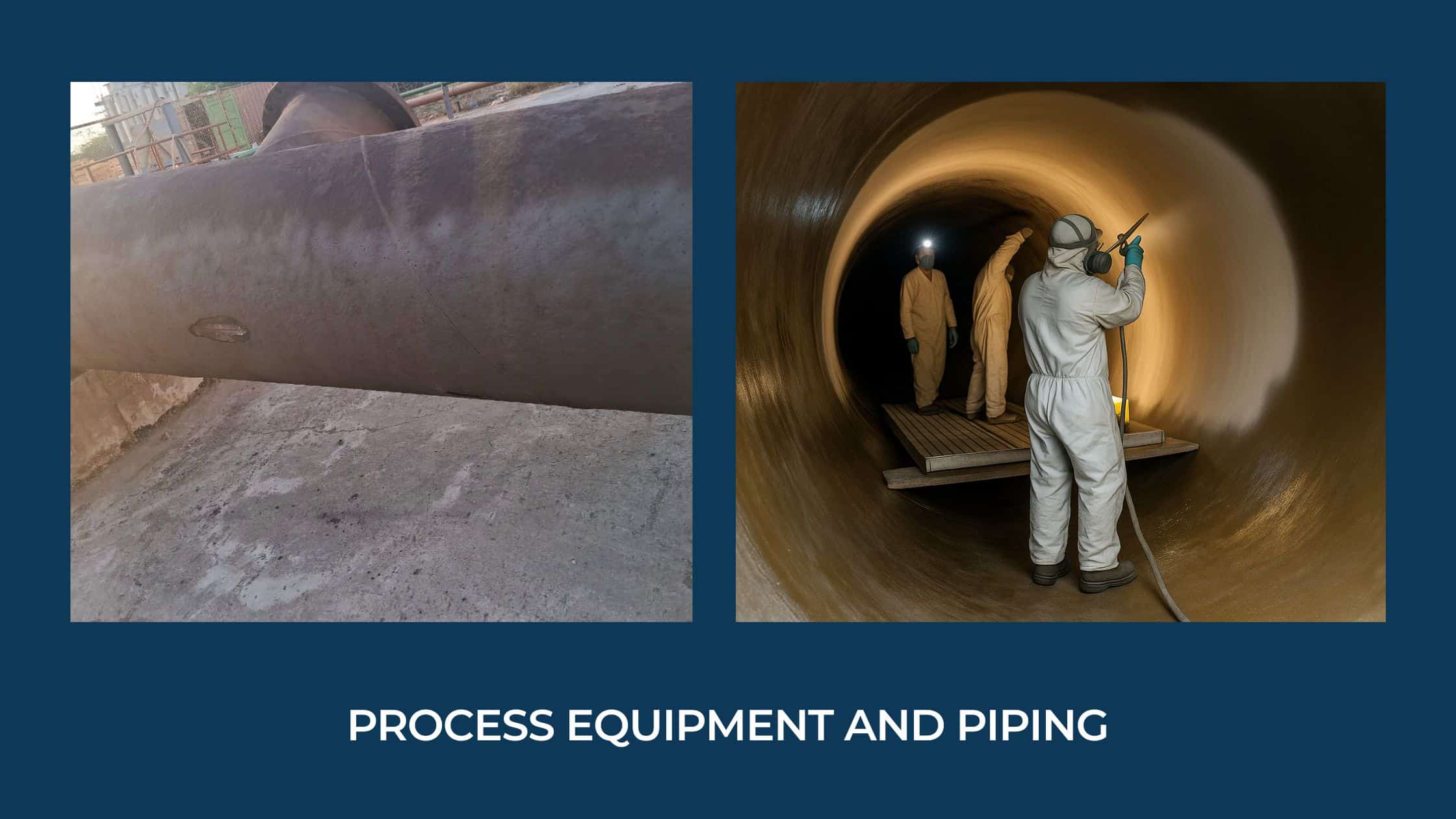 Workers applying protective coating inside large industrial pipeline