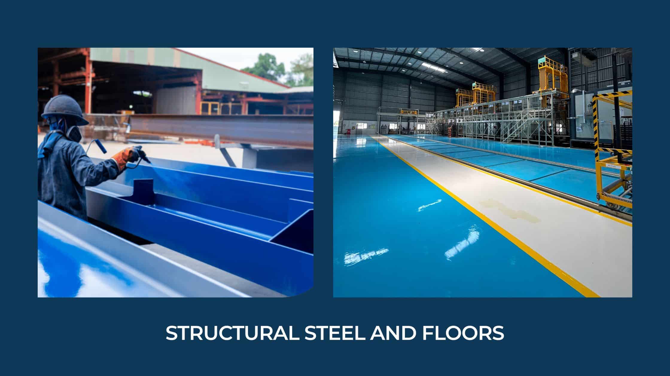 Worker painting structural steel; epoxy-coated industrial floor