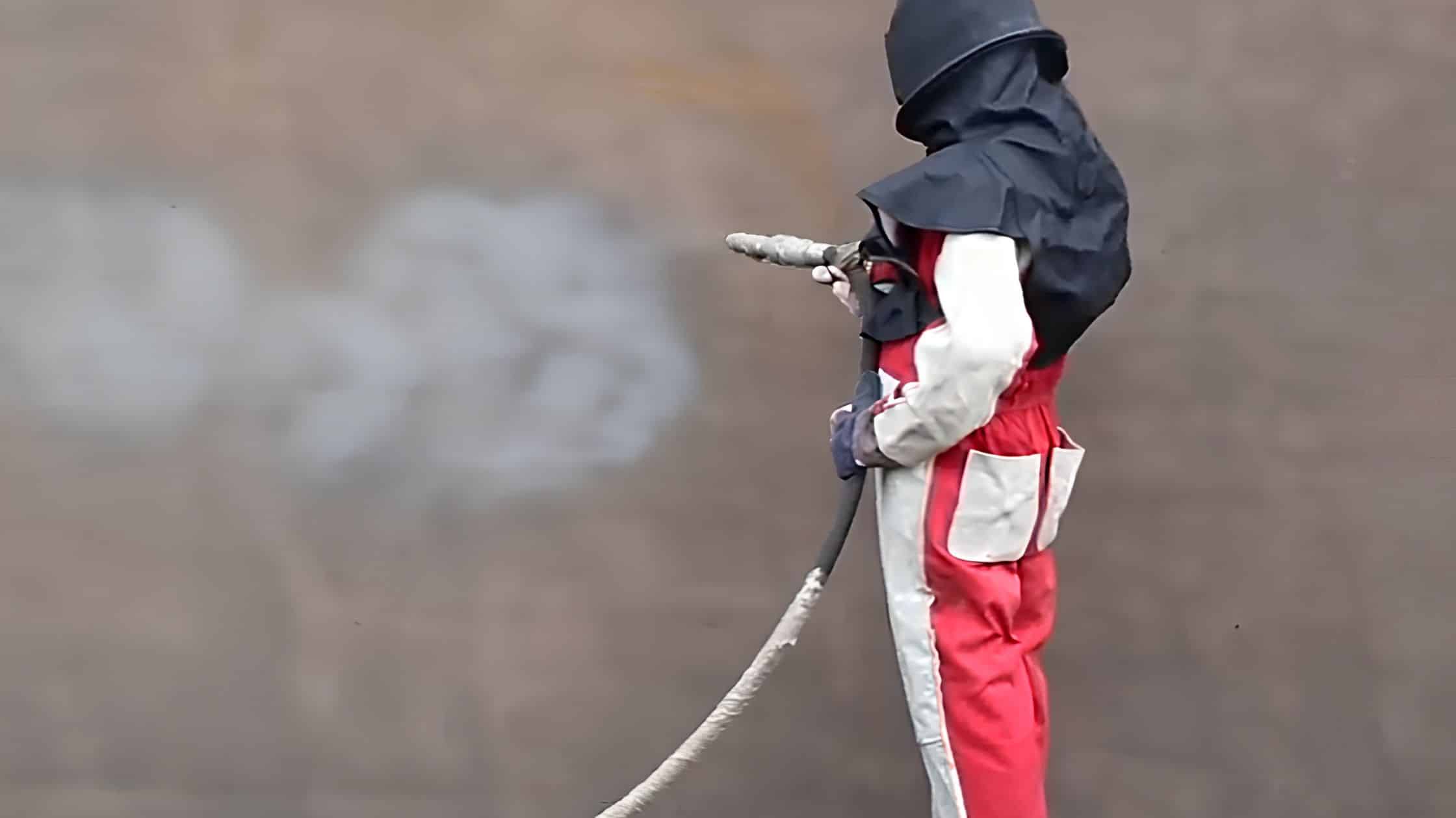 Technician abrasive blasting steel surface for coating preparation