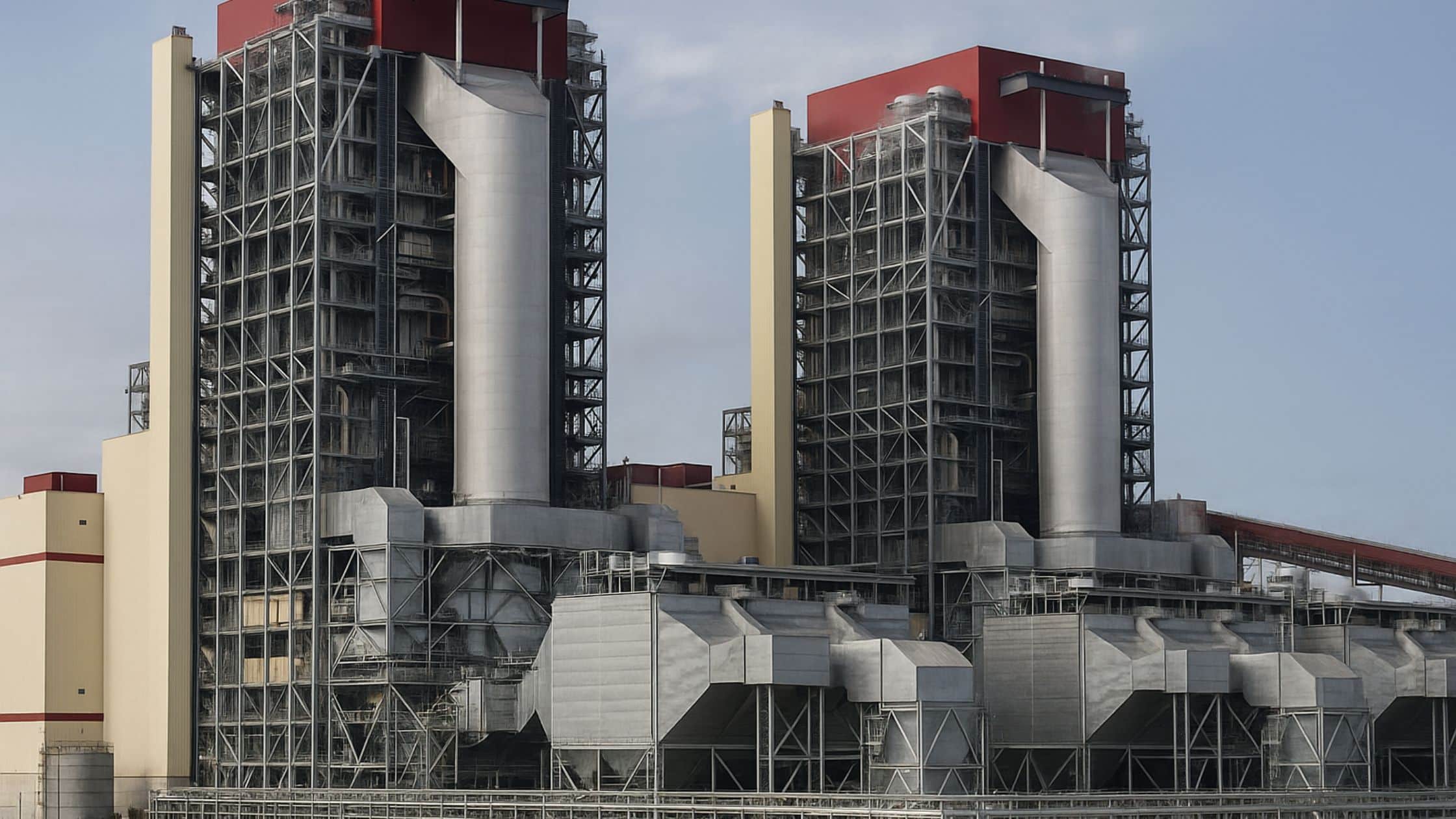 Industrial boiler units with red roofs at a thermal power plant