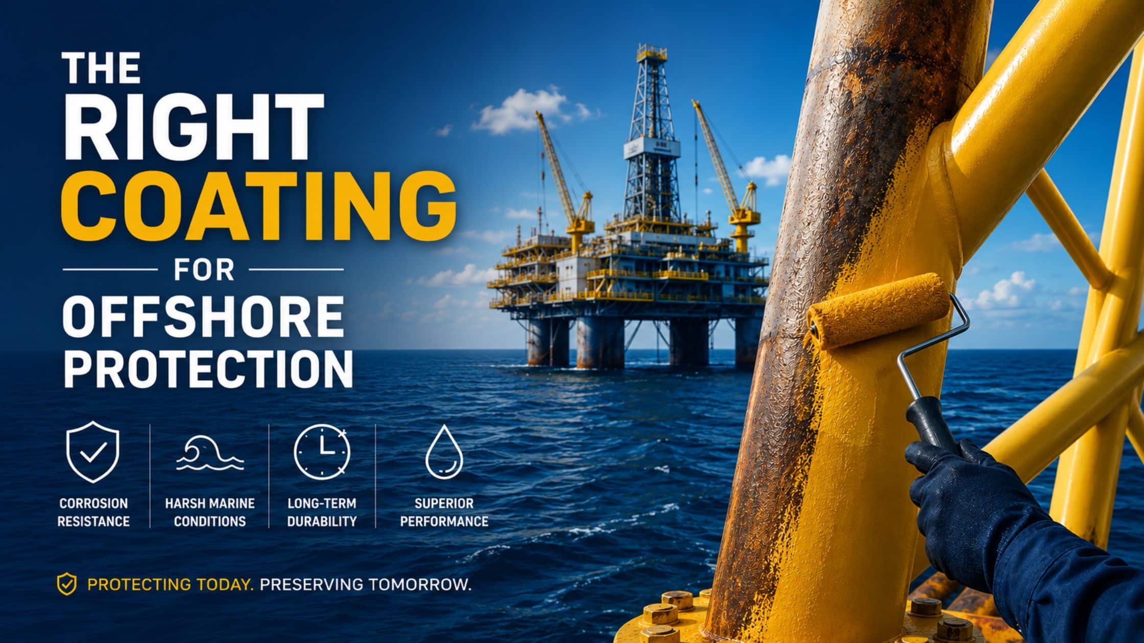 Worker applying protective coating on offshore platform steel structure