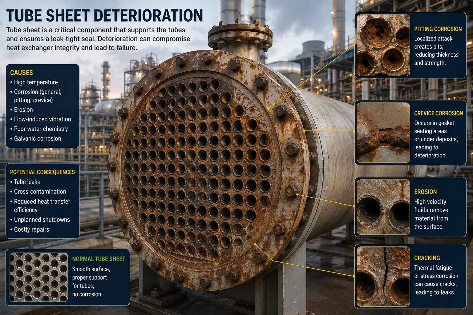 Infographic showing causes and types of tube sheet deterioration in heat exchangers
