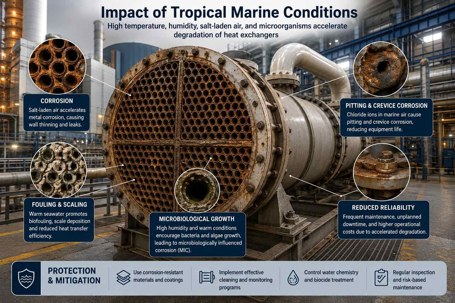 Infographic on tropical marine condition impacts on heat exchanger degradation