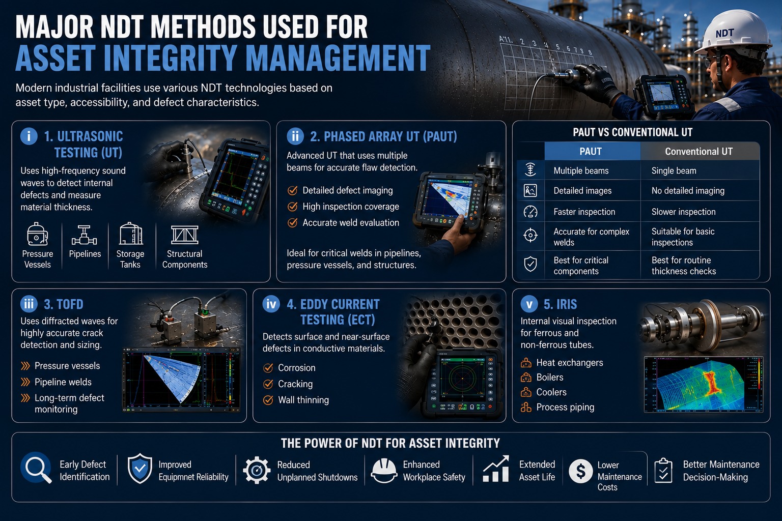 Infographic comparing 5 major NDT methods (UT, PAUT, TOFD, ECT, IRIS) for asset integrity.