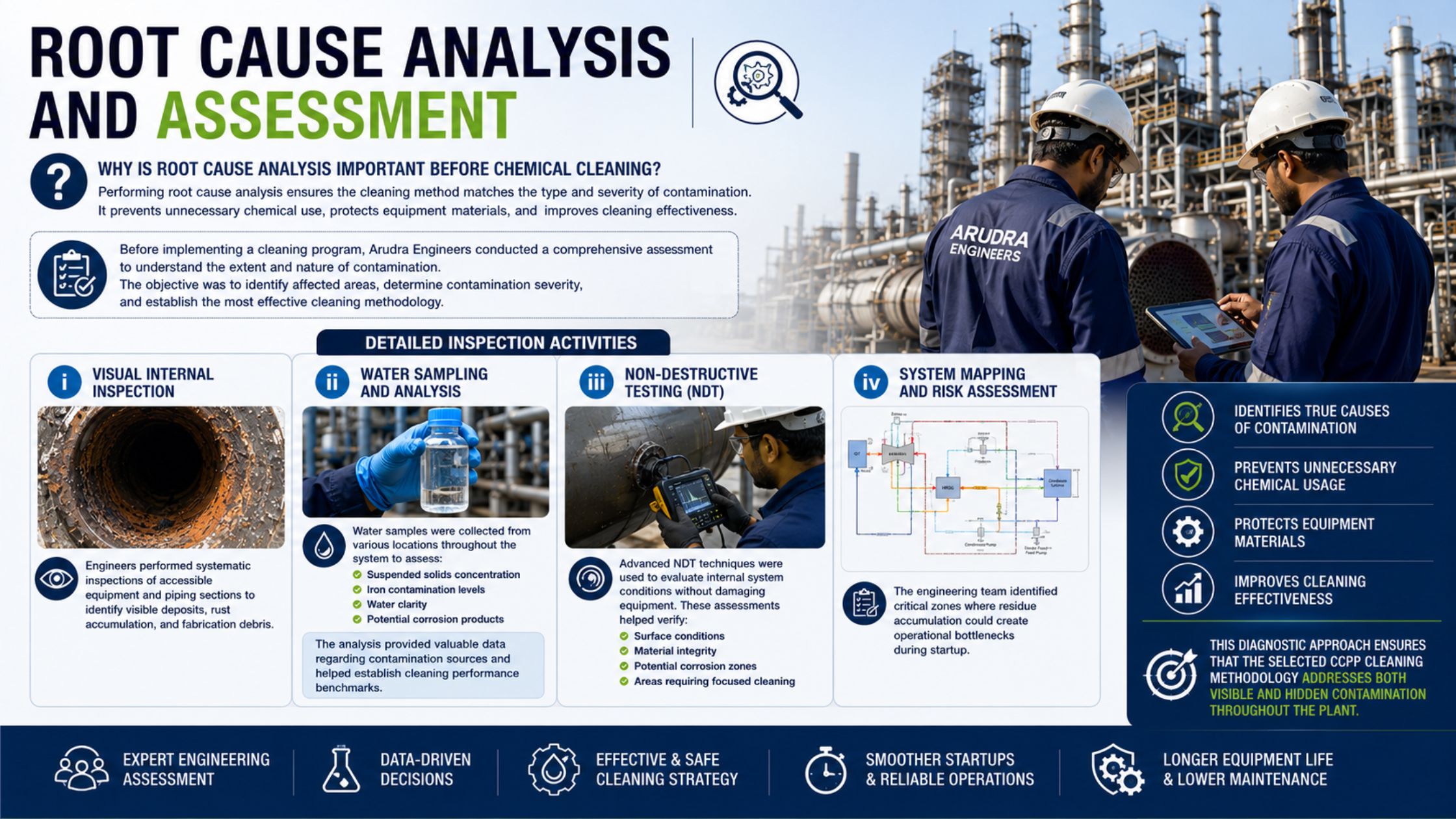 Infographic on root cause analysis and assessment before power plant chemical cleaning
