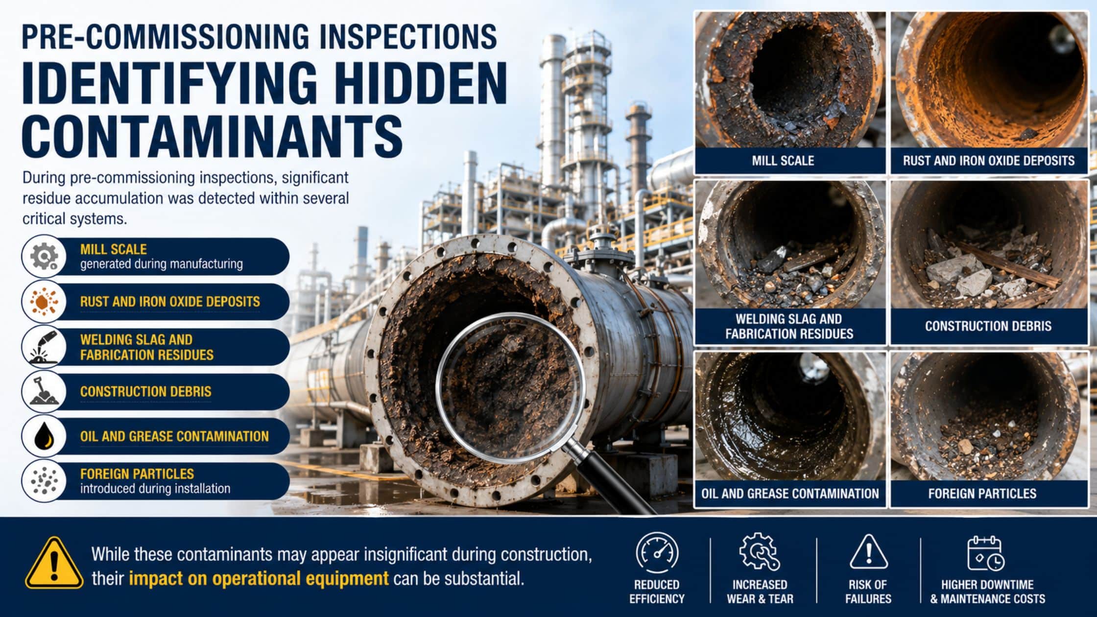 Infographic showing hidden contaminants found during power plant pre-commissioning inspections
