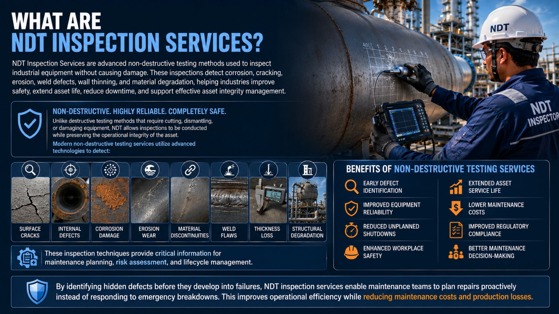 Infographic explaining NDT inspection services, methods, and their benefits