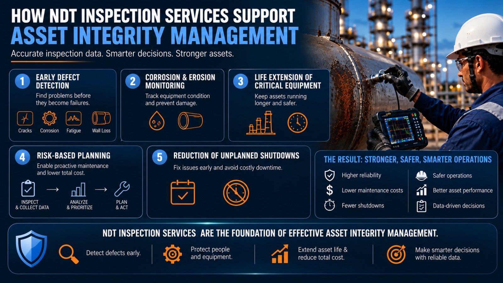 Infographic on how NDT inspection services drive asset integrity management outcomes.
