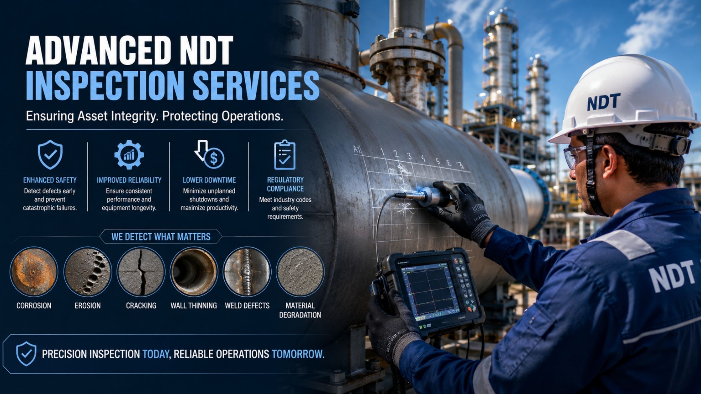 Infographic on advanced NDT inspection services: benefits and defects detected