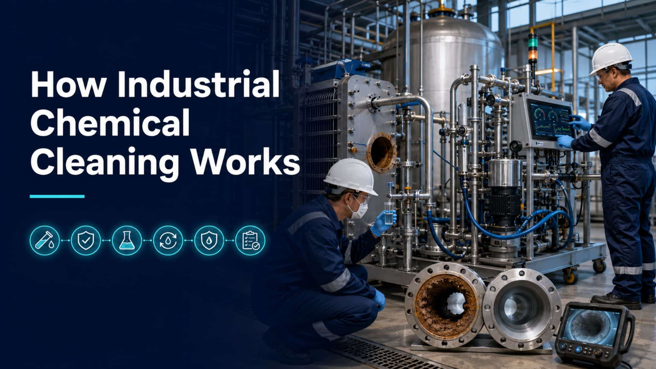 Arudra Engineer inspects corroded pipe fittings beside industrial chemical cleaning skid unit