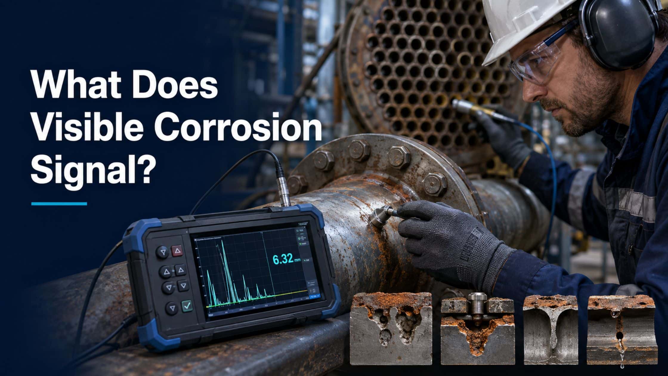 Technician measures pipe wall thickness near corroded flange with ultrasonic gauge