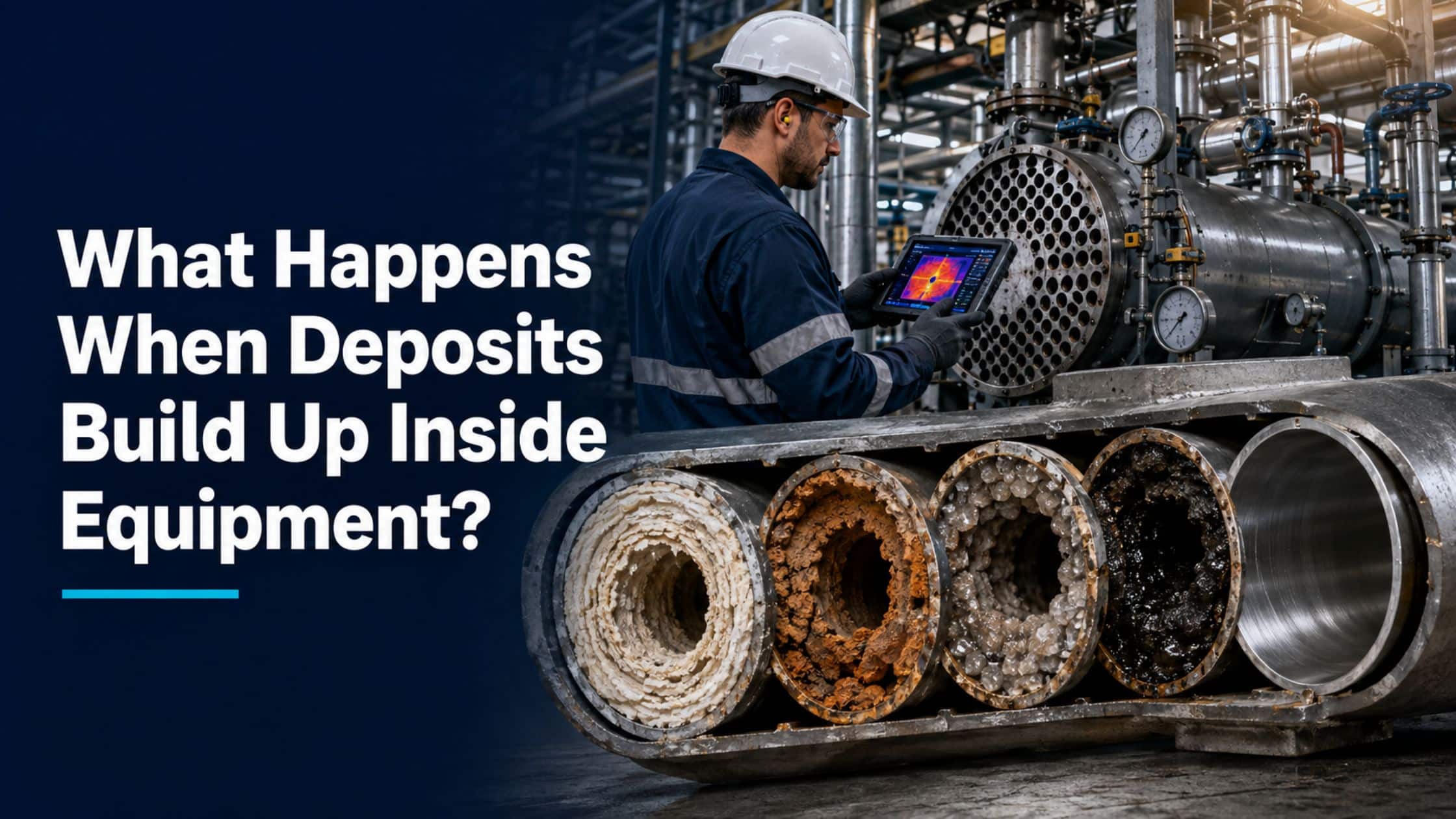 Engineer reviews thermal scan beside heat exchanger tubes showing scale buildup