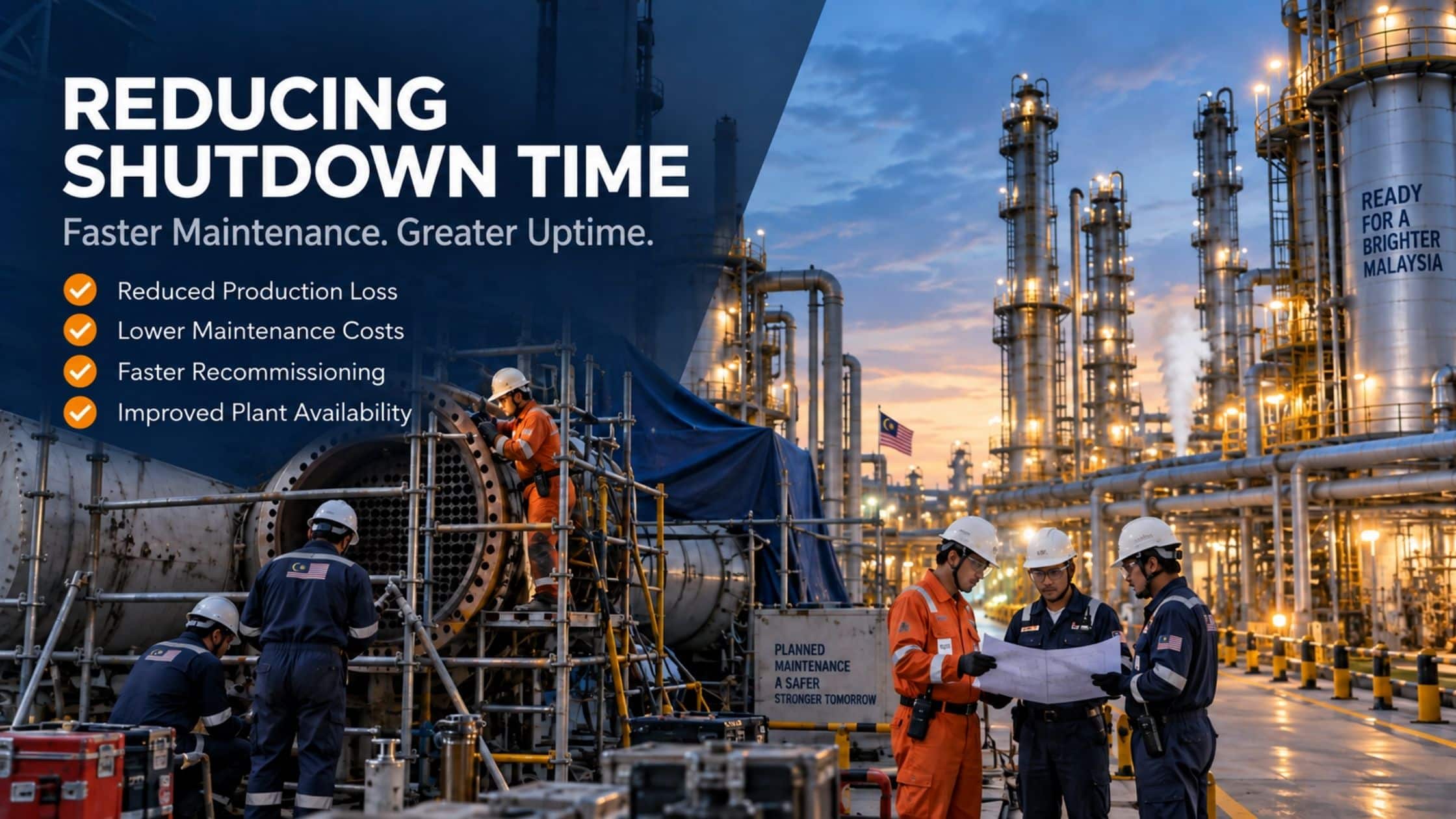 Engineers reviewing plans at Malaysian refinery during planned maintenance shutdown
