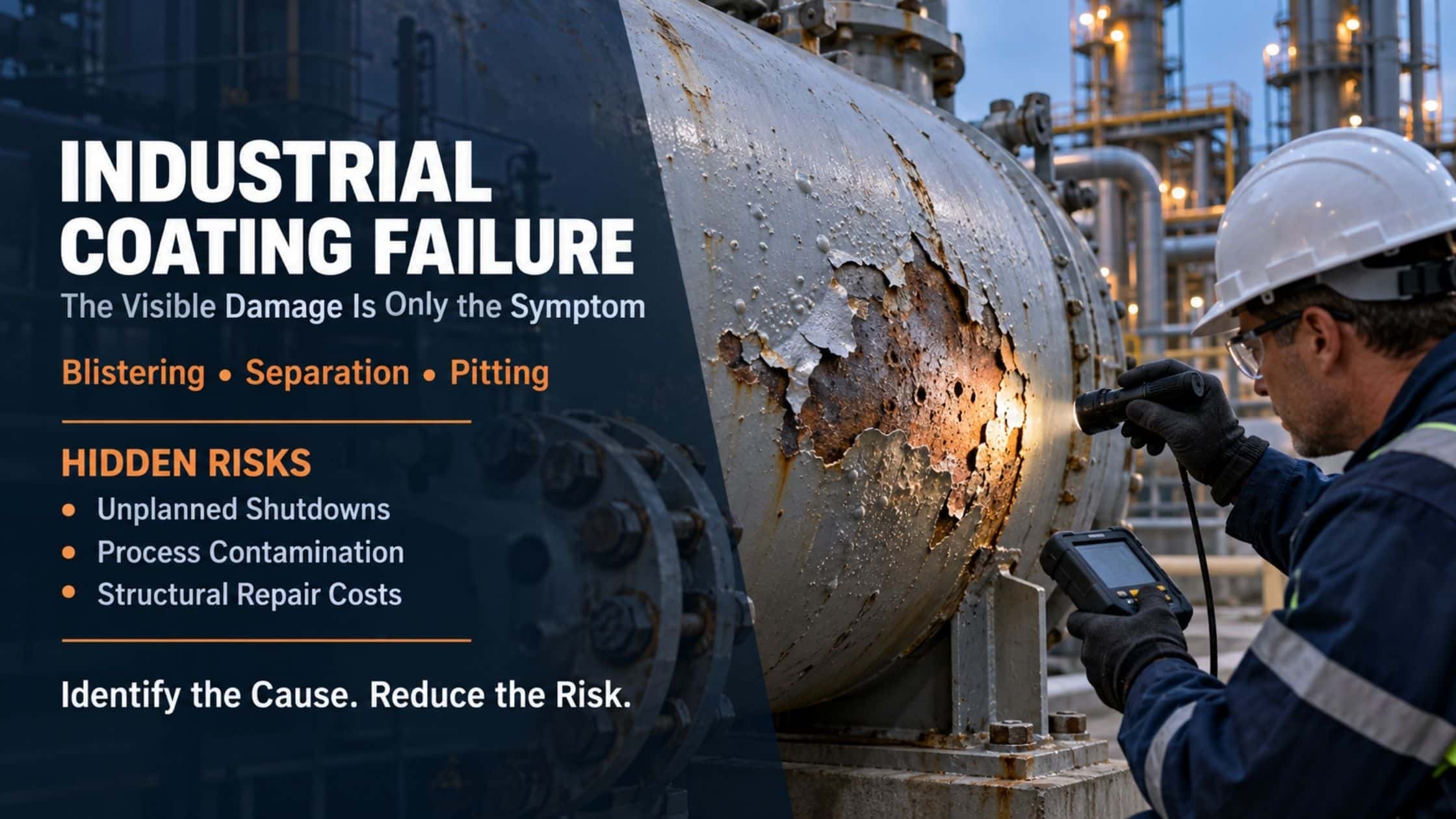 Arudra technician inspecting corroded, blistered industrial tank coating with inspection meter