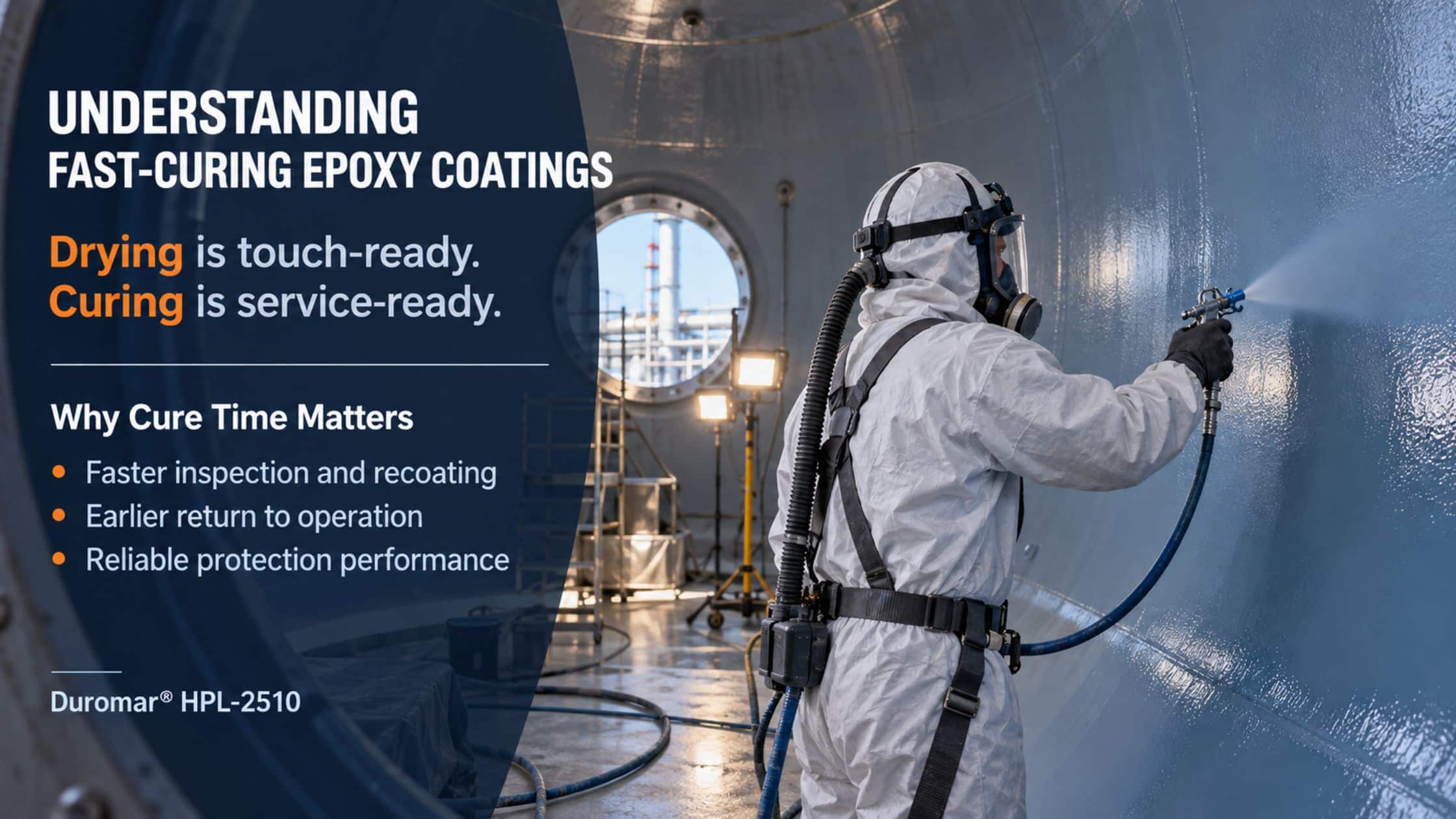 Arudra worker spraying Duromar HPL-2510 epoxy coating inside industrial storage tank
