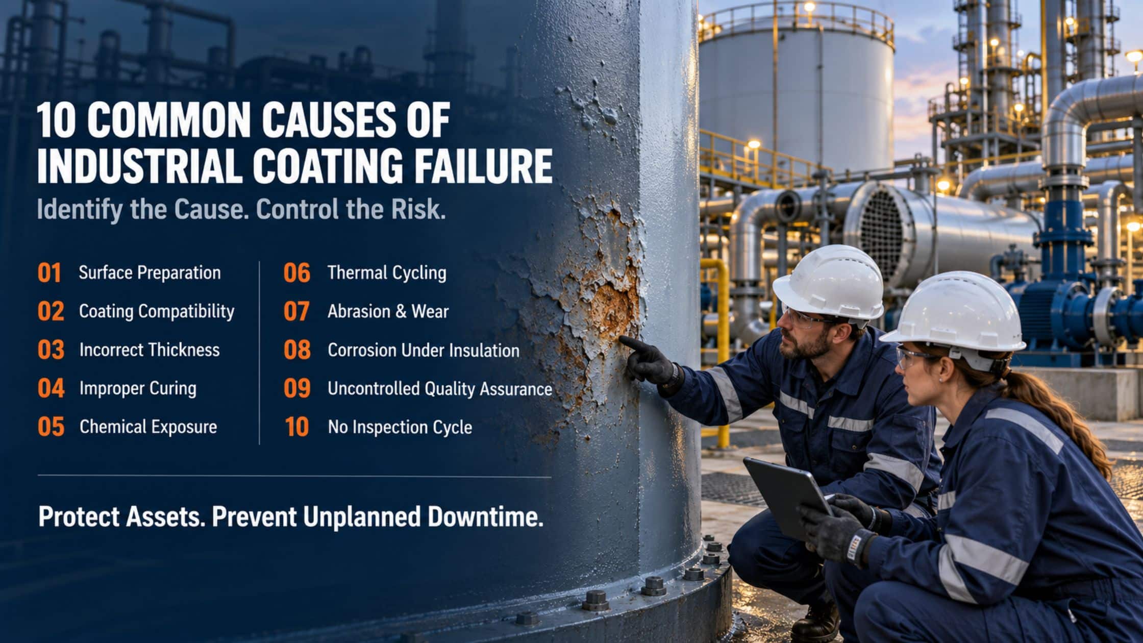 Engineers examining rust and coating breakdown on industrial storage tank