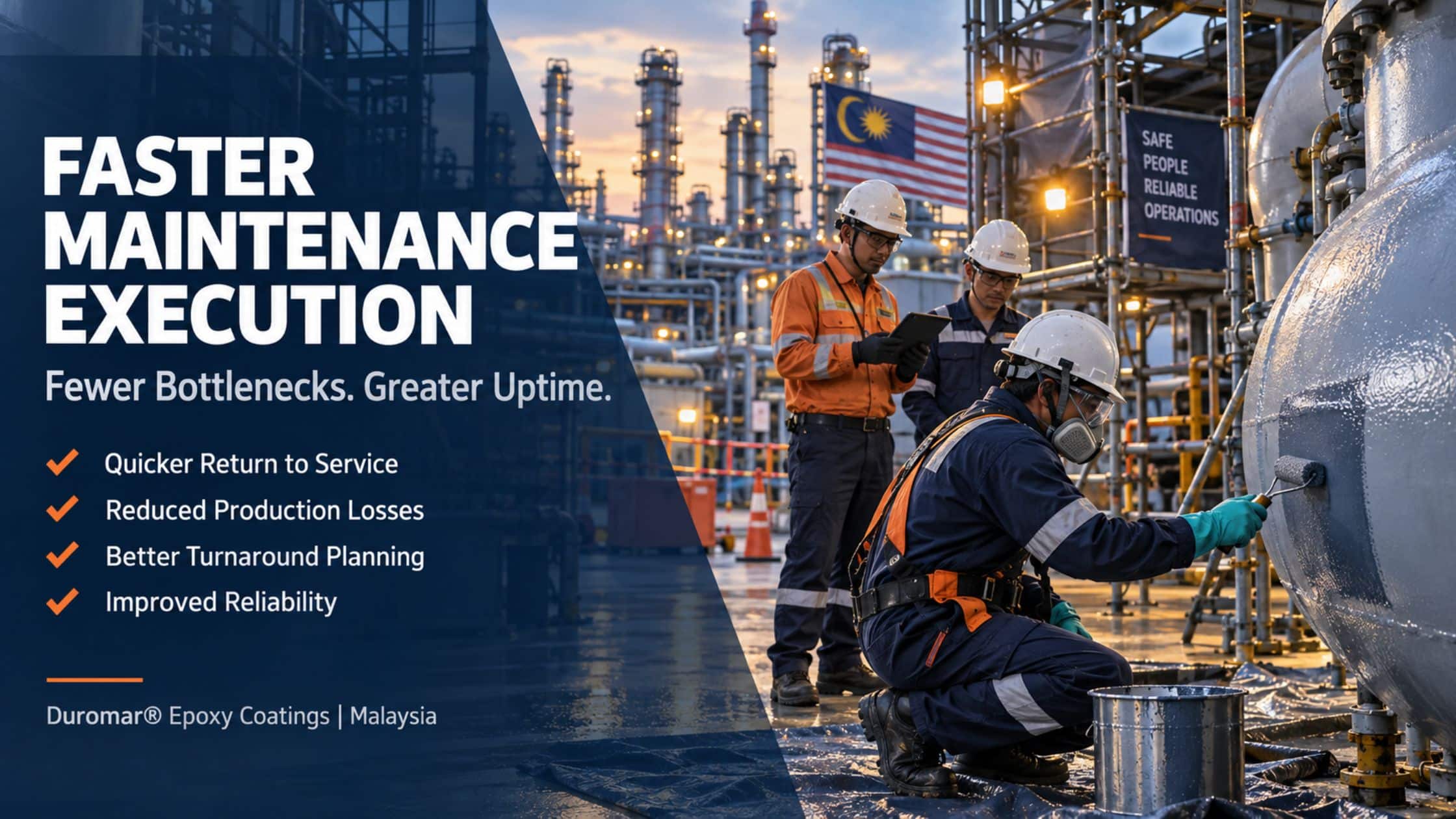 Engineers inspecting pipe coating application at oil refinery in Malaysia