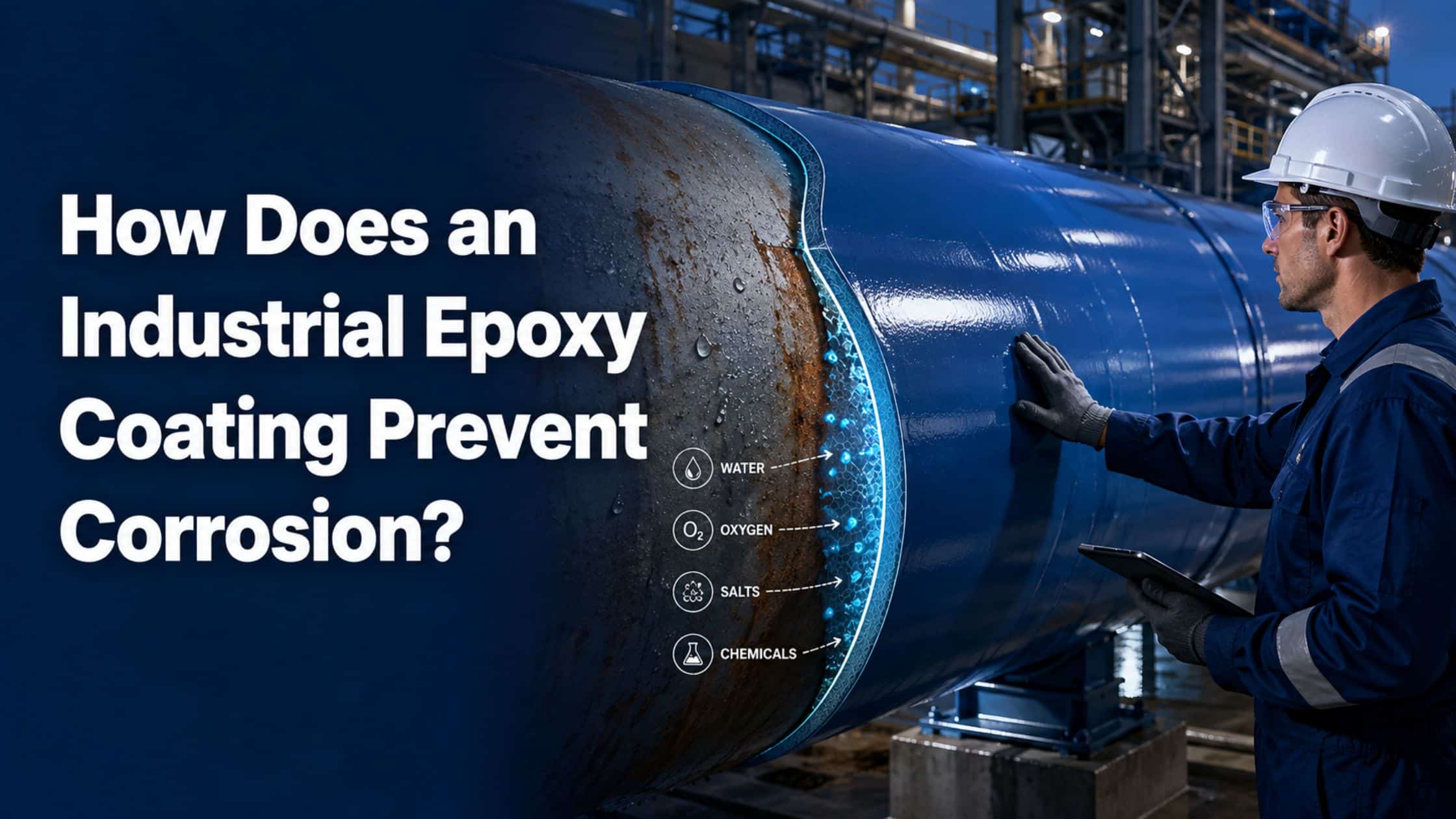 Epoxy coating layer blocking water, oxygen, salts and chemicals on steel pipe
