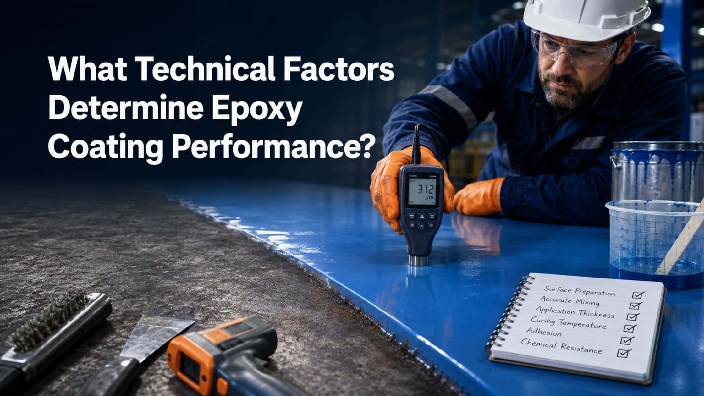 Technician measuring epoxy coating thickness with gauge on steel surface