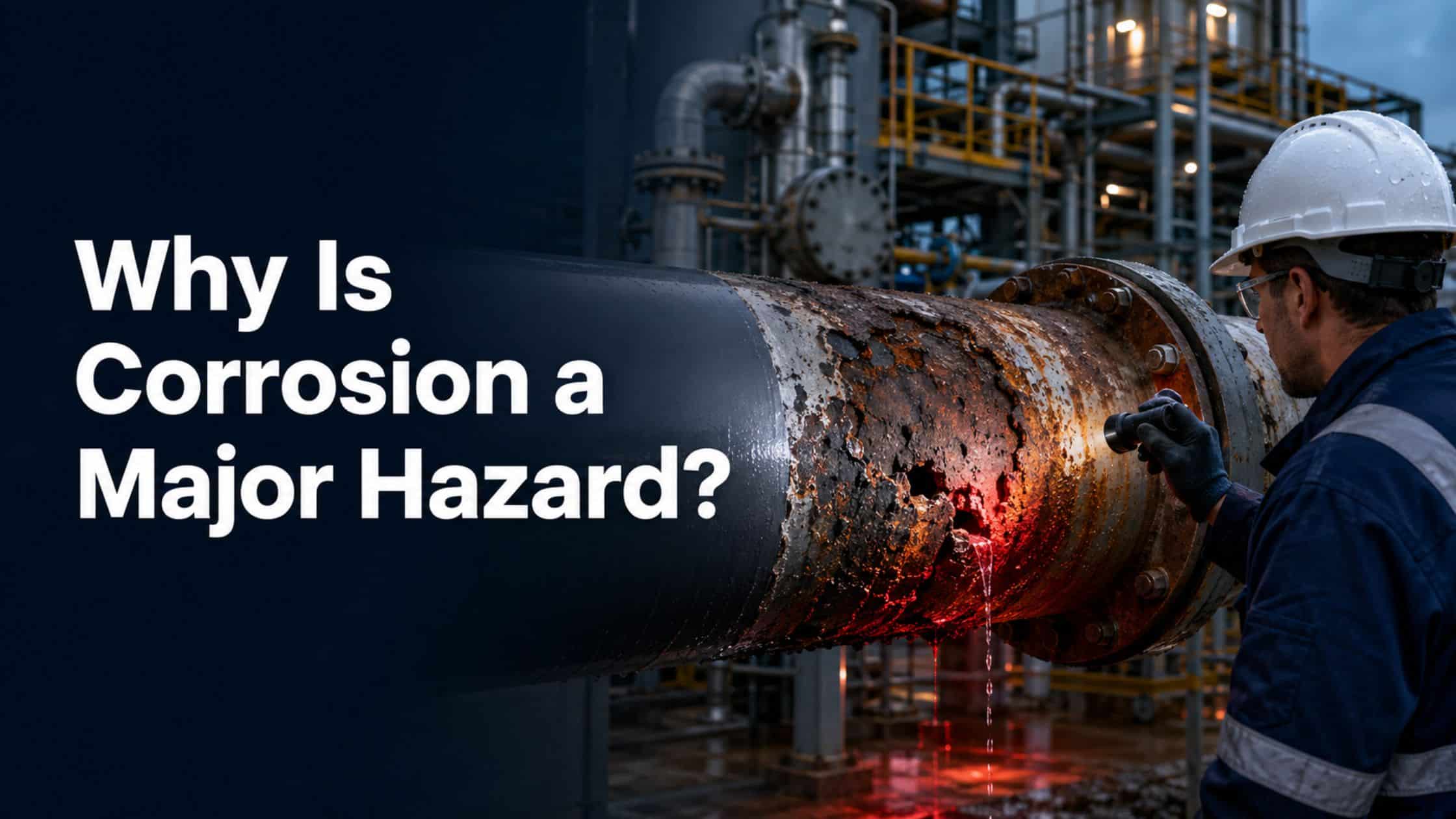 Severely corroded industrial pipe leaking hazardous fluid at flanged joint